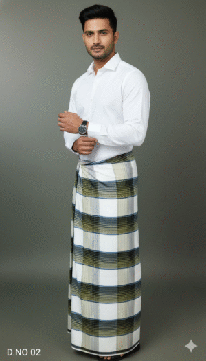 Men's Elegant Polyester Lungi - Olive Green & White Check (2.25 Meters) - D.no. 02