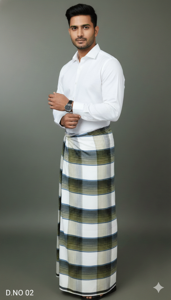 Men's Elegant Polyester Lungi - Olive Green & White Check (2.25 Meters) - D.no. 02