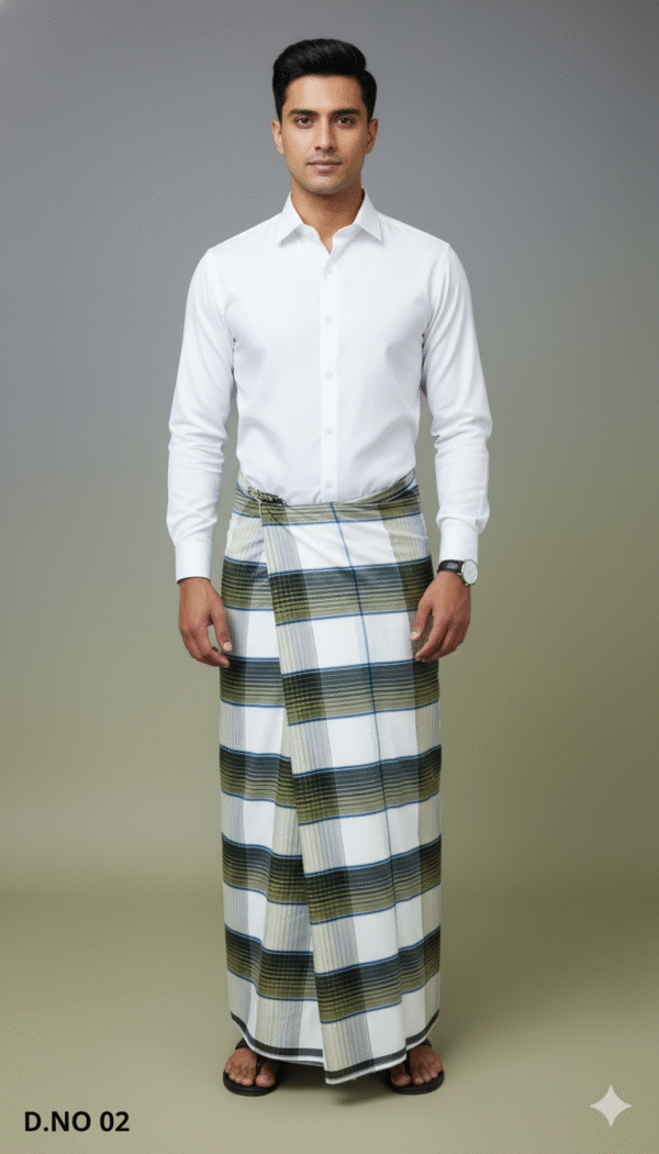 Men's Elegant Polyester Lungi - Olive Green & White Check (2.25 Meters) - D.no. 02
