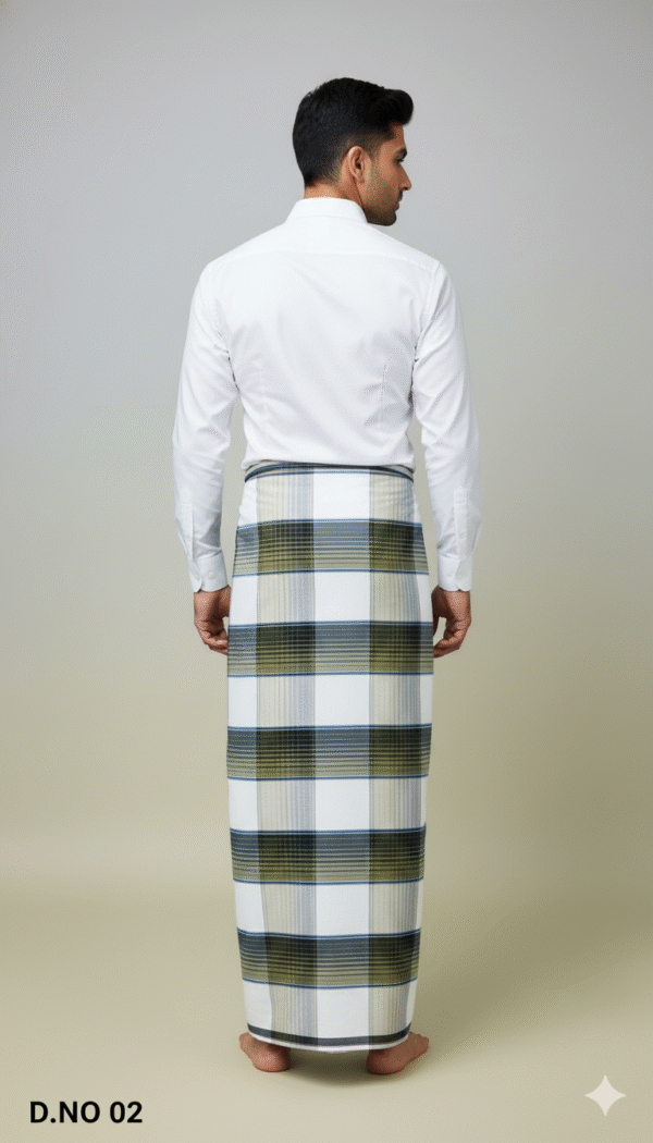Men's Elegant Polyester Lungi - Olive Green & White Check (2.25 Meters) - D.no. 02