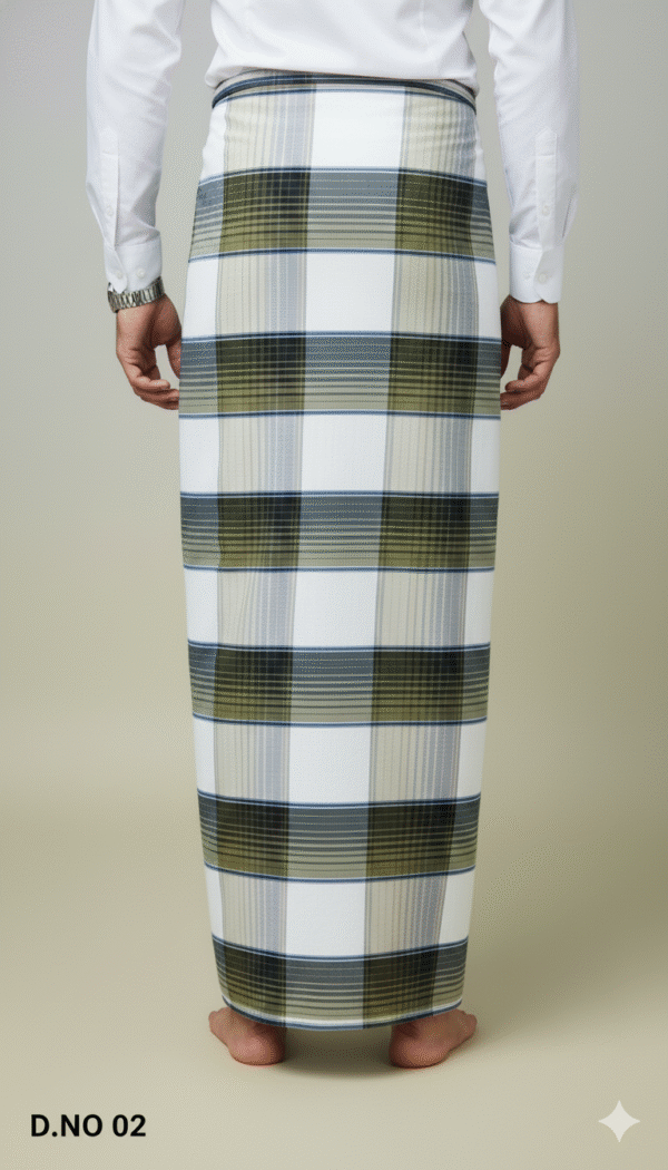 Men's Elegant Polyester Lungi - Olive Green & White Check (2.25 Meters) - D.no. 02