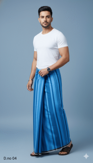 Men's Modern Polyester Lungi - White with Blue & Grey Border (2.25 Meters) - D.no. 03