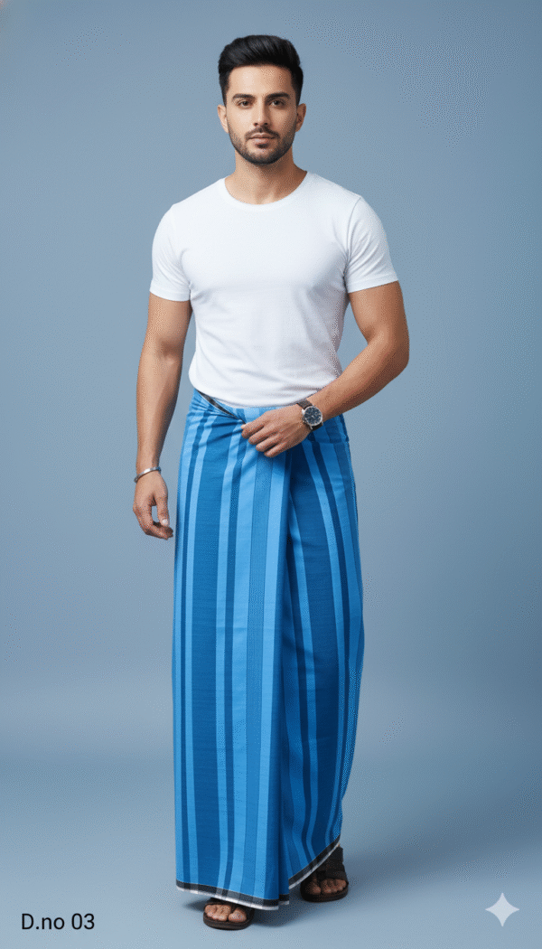 Men's Modern Polyester Lungi - White with Blue & Grey Border (2.25 Meters) - D.no. 03