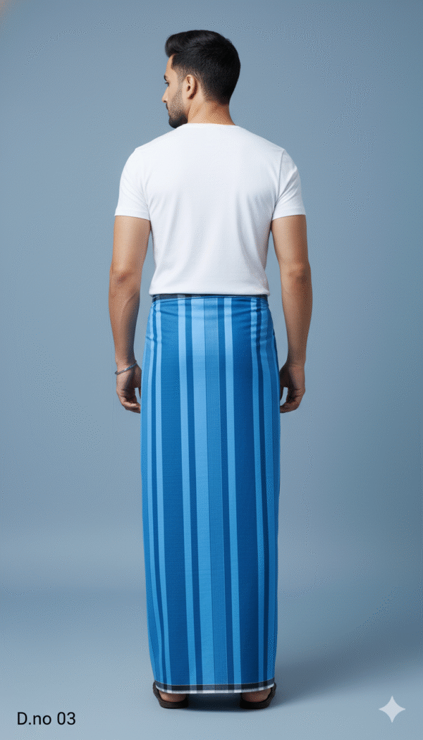 Men's Modern Polyester Lungi - White with Blue & Grey Border (2.25 Meters) - D.no. 03