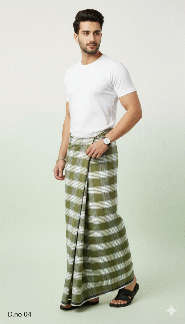 Men's Classic Polyester Lungi - Olive Green & White Check (2.25 Meters) - D.no. 04