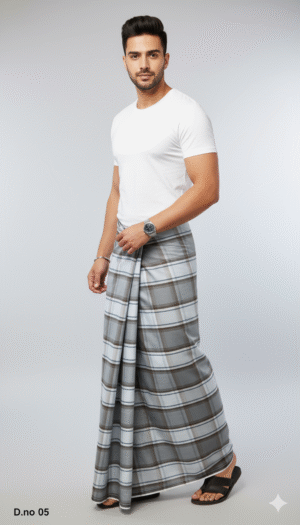 Men's Classic Polyester Lungi - Grey & White Check (2.25 Meters) - D.no. 05