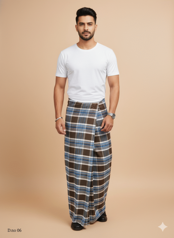 Men's Sophisticated Polyester Lungi - Olive Green & White Check (2.25 Meters) - D.no. 06