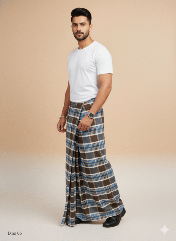 Men's Sophisticated Polyester Lungi - Olive Green & White Check (2.25 Meters) - D.no. 06