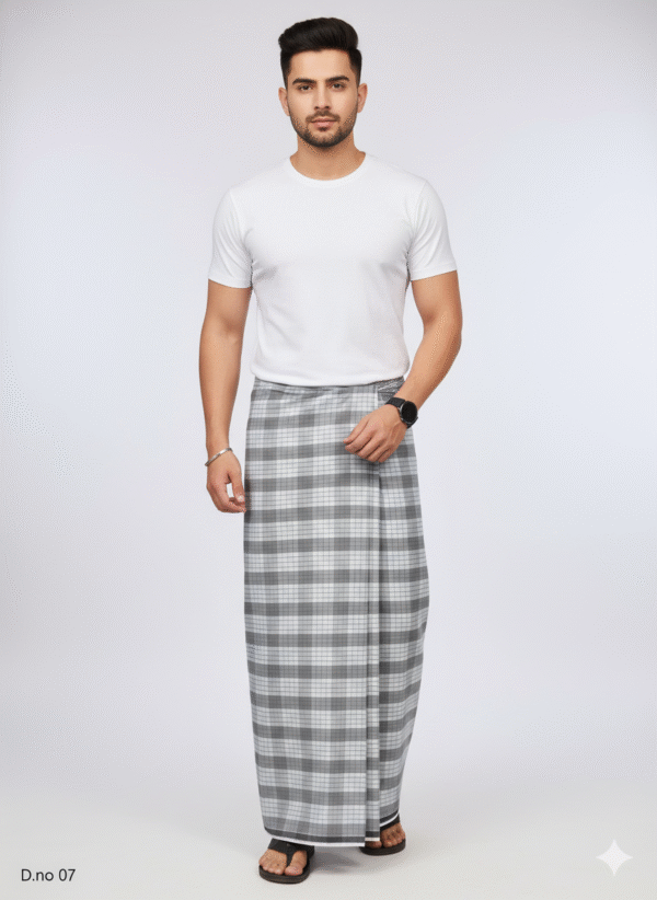Generated Image December 09, 2025 - 11_06AM Men's Classic Polyester Lungi - Grey & White Check (2.25 Meters) - D.no. 07