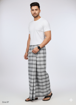 Men's Classic Polyester Lungi - Grey & White Check (2.25 Meters) - D.no. 07