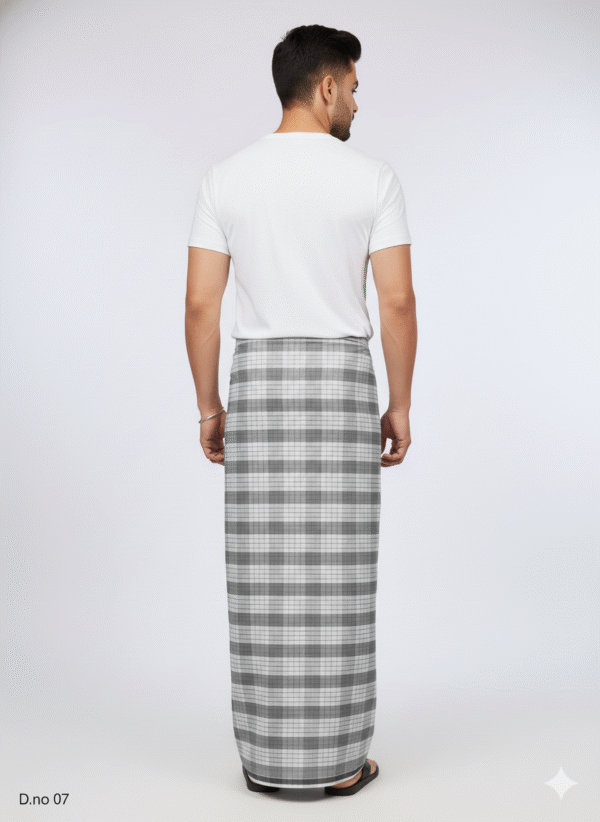 Generated Image December 09, 2025 - 11_08AM Men's Classic Polyester Lungi - Grey & White Check (2.25 Meters) - D.no. 07