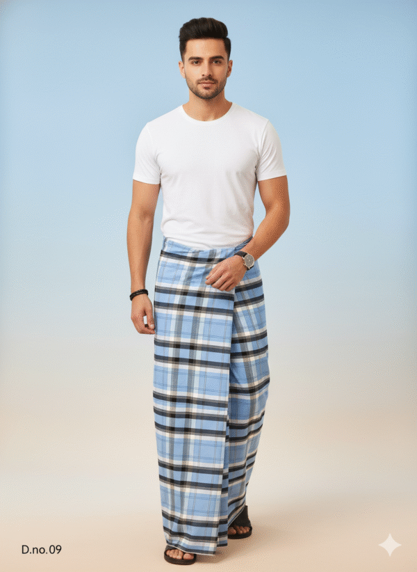 Men's Classic Polyester Lungi - High-Contrast Green & White Check (2.25 Meters) - D.no. 09
