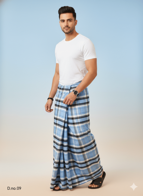 Men's Classic Polyester Lungi - High-Contrast Green & White Check (2.25 Meters) - D.no. 09