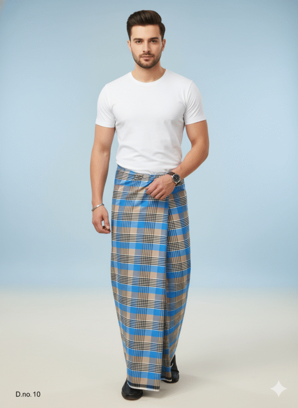 Men's Bold Polyester Lungi - Vibrant Blue & Multi-Tone Check (2.25 Meters) - D.no. 10