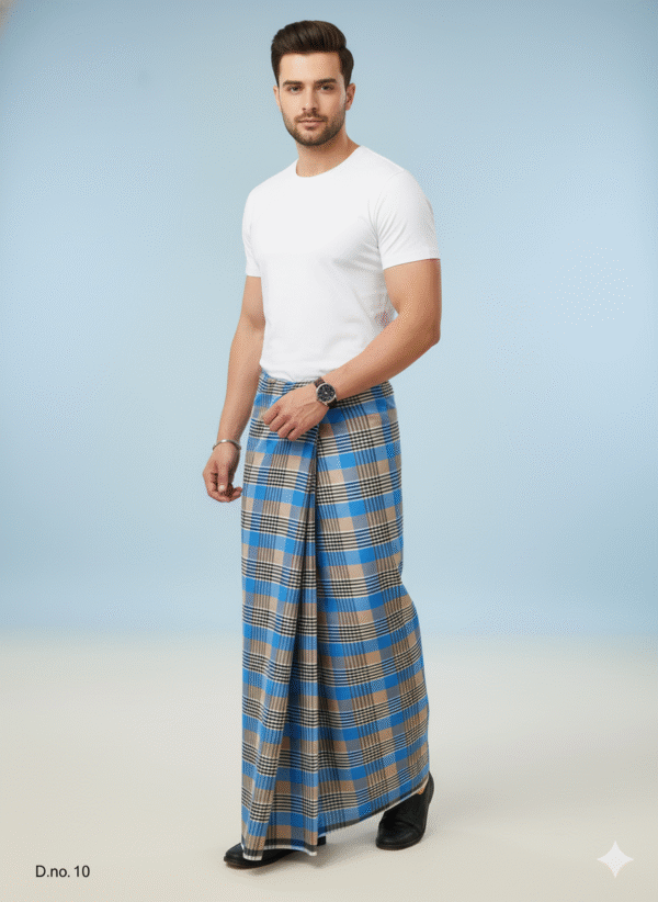 Men's Bold Polyester Lungi - Vibrant Blue & Multi-Tone Check (2.25 Meters) - D.no. 10