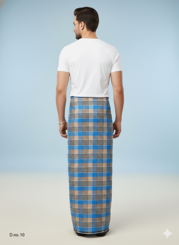 Men's Bold Polyester Lungi - Vibrant Blue & Multi-Tone Check (2.25 Meters) - D.no. 10