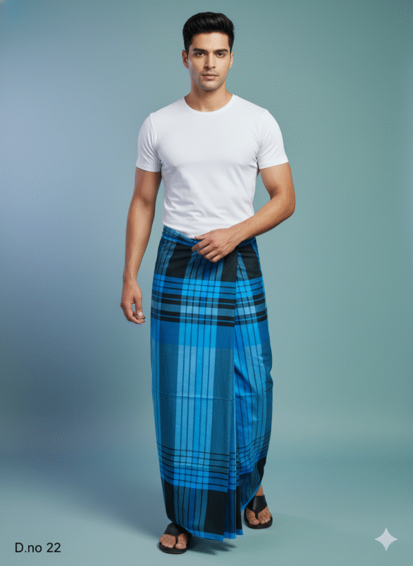 Men's Vibrant Cotton Lungi - Bright Blue & Navy Check (2.10 Meters) - D.no. 22