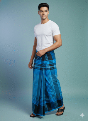 Men's Vibrant Cotton Lungi - Bright Blue & Navy Check (2.10 Meters) - D.no. 22
