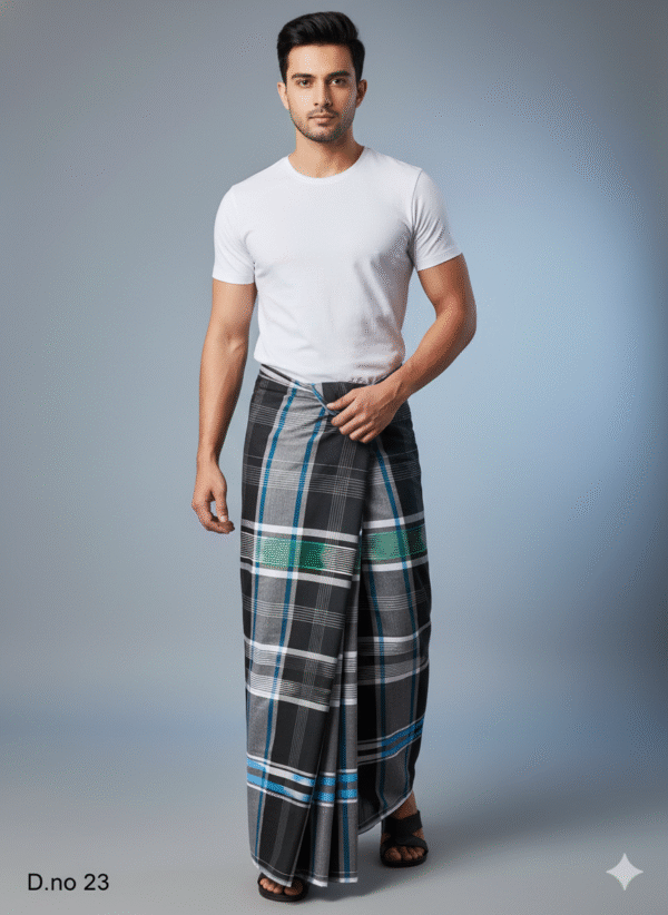 Men's Stylish Cotton Lungi - Black with Blue & Green Check (2.10 Meters) - D.no. 23