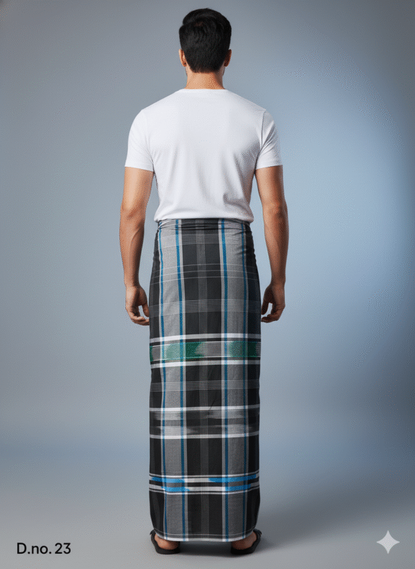 Men's Stylish Cotton Lungi - Black with Blue & Green Check (2.10 Meters) - D.no. 23