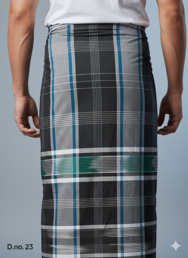 Men's Stylish Cotton Lungi - Black with Blue & Green Check (2.10 Meters) - D.no. 23