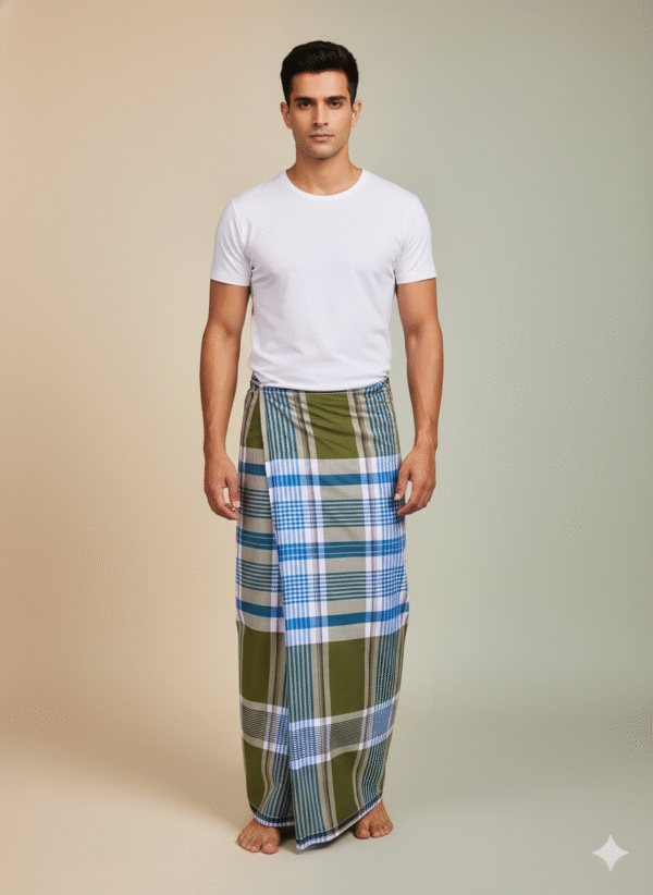 Men's Classic Cotton Lungi - Blue Vertical Stripes (2.10 Meters) - D.no. 24