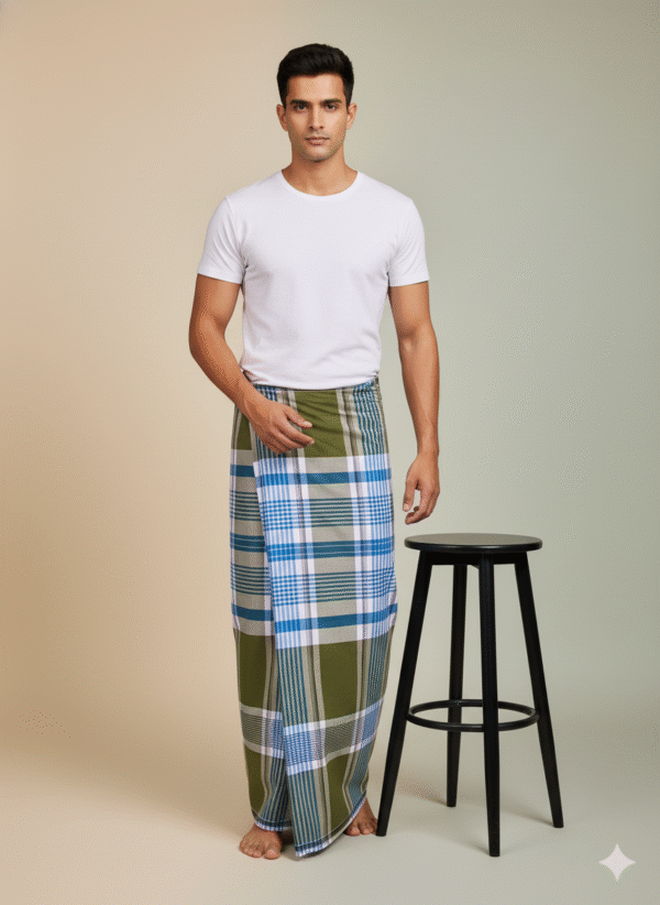 Men's Classic Cotton Lungi - Blue Vertical Stripes (2.10 Meters) - D.no. 24