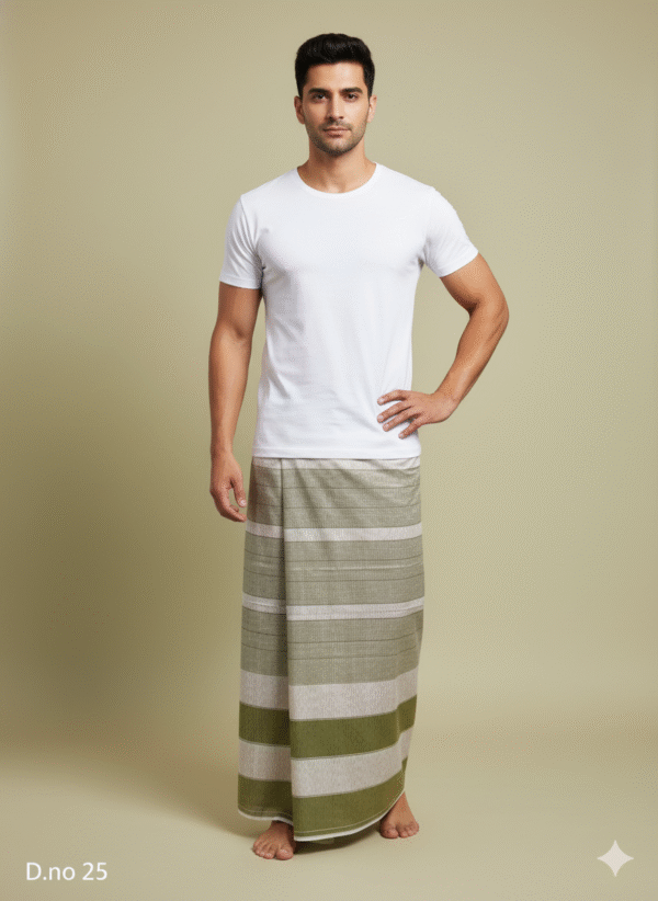 Generated Image December 09, 2025 - 4_11PM Men's Earthy Cotton Lungi - Olive Green & Beige Horizontal Stripes (2.10 Meters) - D.no. 25