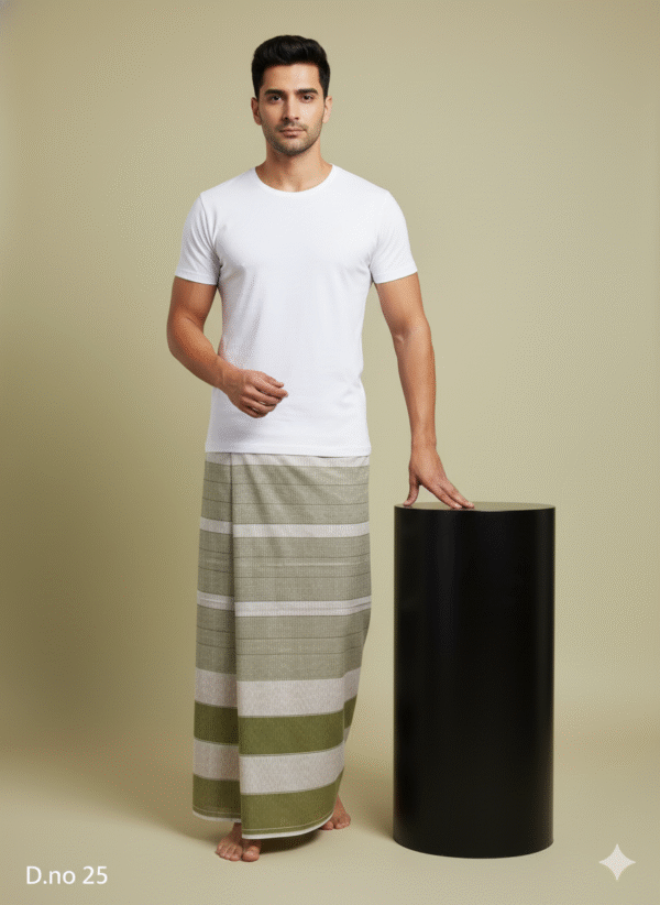 Generated Image December 09, 2025 - 4_12PM Men's Earthy Cotton Lungi - Olive Green & Beige Horizontal Stripes (2.10 Meters) - D.no. 25