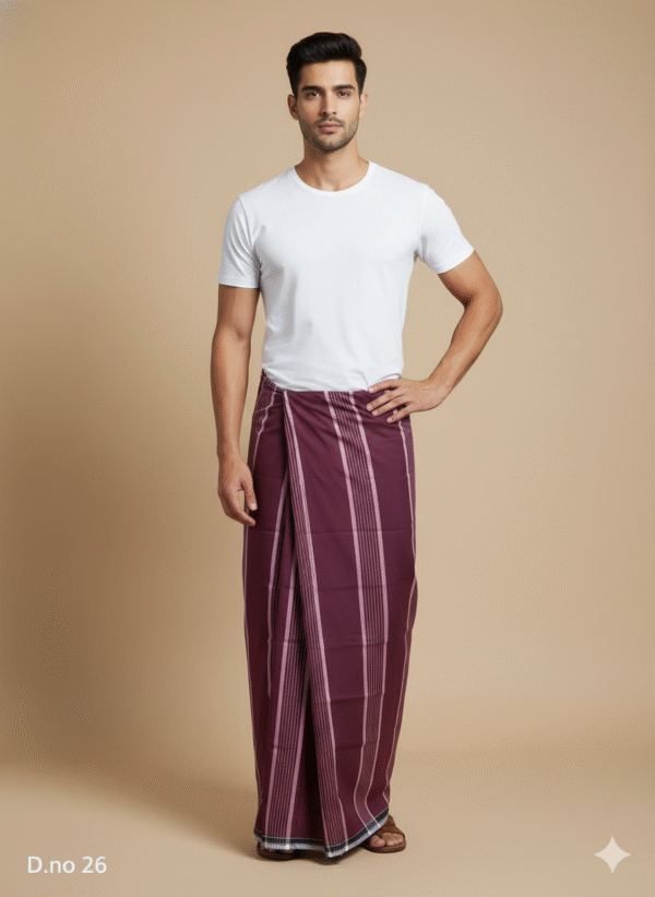 Men's Royal Cotton Lungi - Maroon Vertical Stripes (2.10 Meters) - D.no. 26
