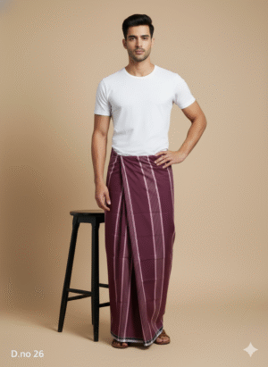 Men's Royal Cotton Lungi - Maroon Vertical Stripes (2.10 Meters) - D.no. 26