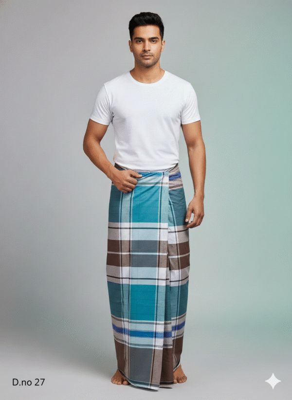 Men's Premium Cotton Lungi - Teal, Grey & Brown Check (2.10 Meters) - D.no. 27