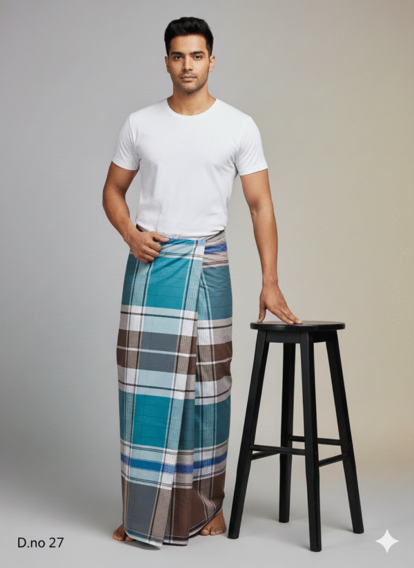 Men's Premium Cotton Lungi - Teal, Grey & Brown Check (2.10 Meters) - D.no. 27