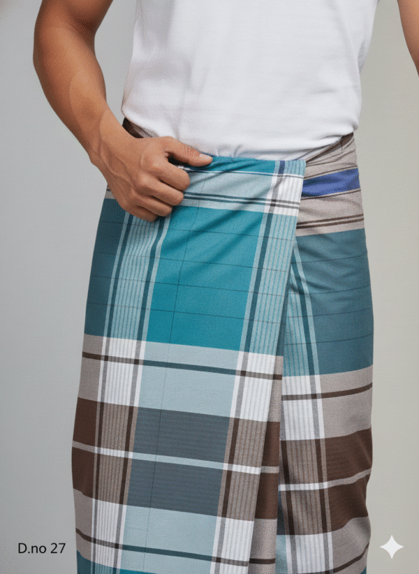 Men's Premium Cotton Lungi - Teal, Grey & Brown Check (2.10 Meters) - D.no. 27