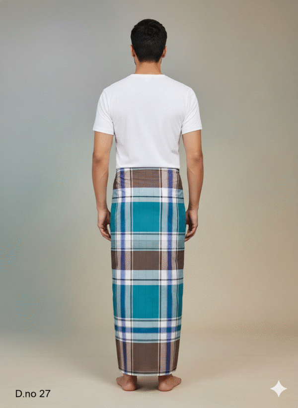 Men's Premium Cotton Lungi - Teal, Grey & Brown Check (2.10 Meters) - D.no. 27