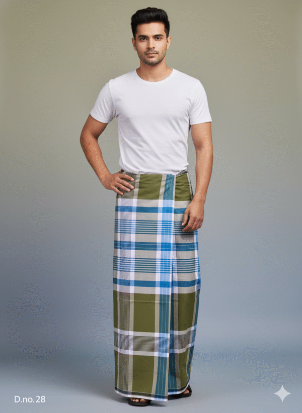 Generated Image December 09, 2025 - 5_53PM Men's Stylish Cotton Lungi - Olive Green, Blue & White Check (2.10 Meters) - D.no. 28