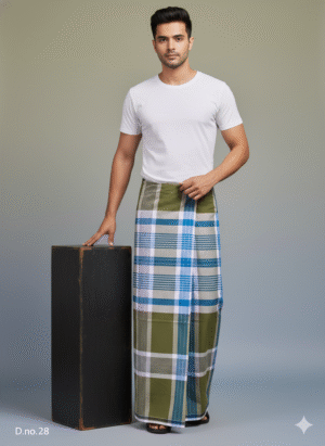 Men's Stylish Cotton Lungi - Olive Green, Blue & White Check (2.10 Meters) - D.no. 28