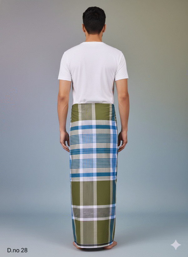 Generated Image December 09, 2025 - 5_58PM Men's Stylish Cotton Lungi - Olive Green, Blue & White Check (2.10 Meters) - D.no. 28