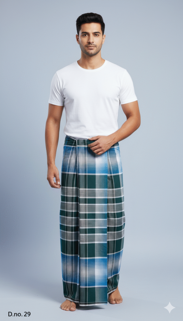 Men's Premium Cotton Lungi - Dark Green, Blue & White Check (2.10 Meters) - D.no. 29
