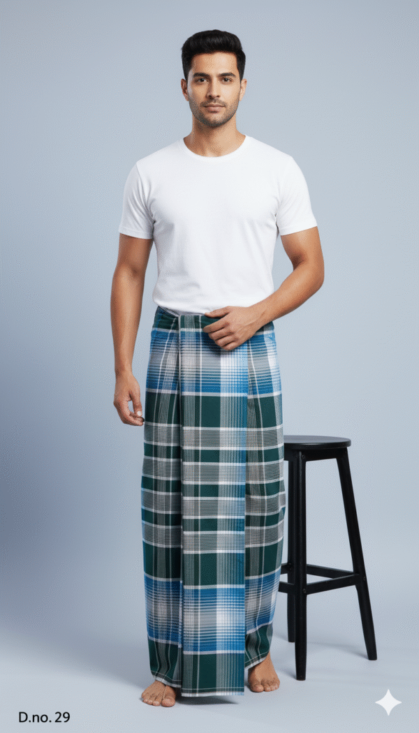 Men's Premium Cotton Lungi - Dark Green, Blue & White Check (2.10 Meters) - D.no. 29