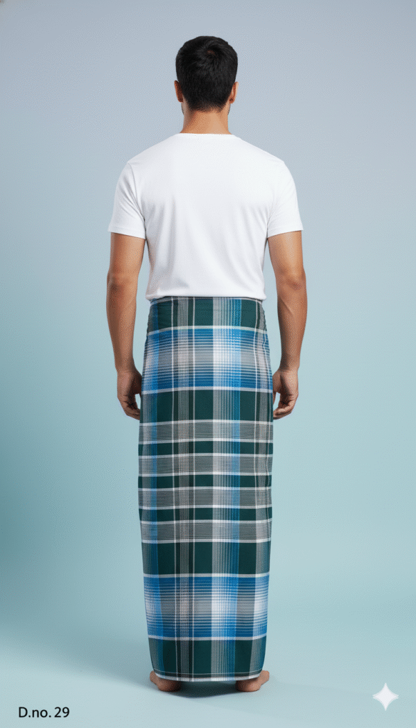 Men's Premium Cotton Lungi - Dark Green, Blue & White Check (2.10 Meters) - D.no. 29