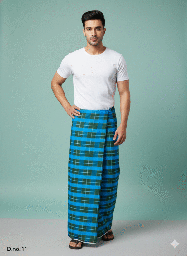Men's Bold Polyester Lungi - Dark Green & White Check (2.25 Meters) - D.no. 11