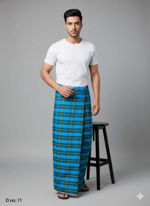 Men's Bold Polyester Lungi - Dark Green & White Check (2.25 Meters) - D.no. 11