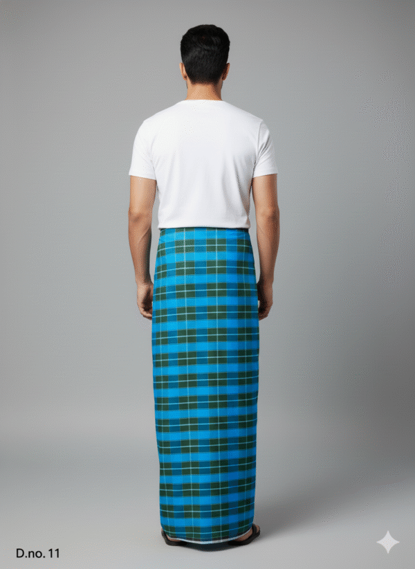 Men's Bold Polyester Lungi - Dark Green & White Check (2.25 Meters) - D.no. 11