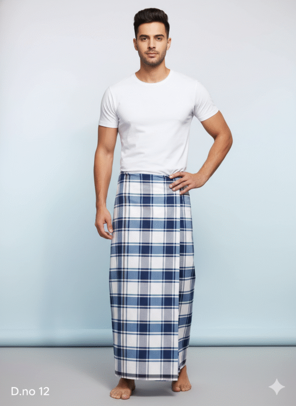 Men's Fresh Polyester Lungi - White & Blue Check (2.25 Meters) - D.no. 12