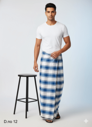 Men's Fresh Polyester Lungi - White & Blue Check (2.25 Meters) - D.no. 12