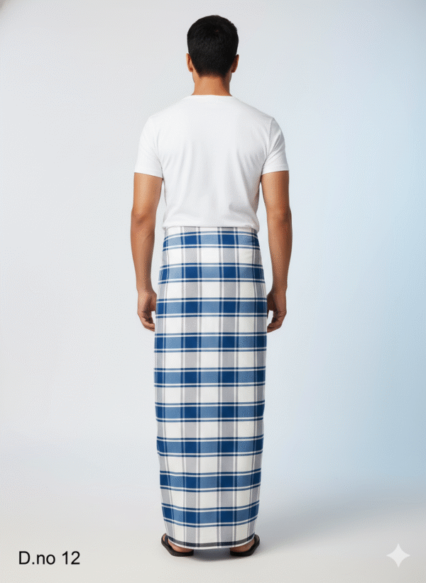 Men's Fresh Polyester Lungi - White & Blue Check (2.25 Meters) - D.no. 12