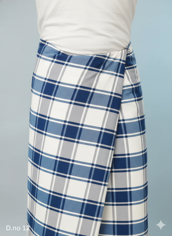 Men's Fresh Polyester Lungi - White & Blue Check (2.25 Meters) - D.no. 12