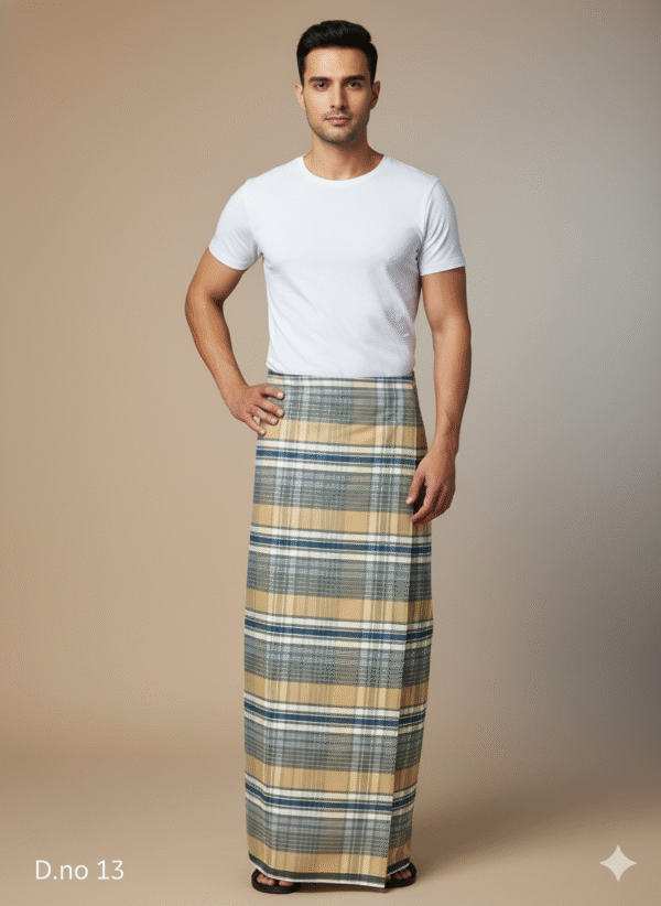 Men's Distinctive Polyester Lungi - Tan, Grey & White Check (2.25 Meters) - D.no. 13