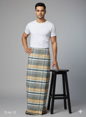 Men's Distinctive Polyester Lungi - Tan, Grey & White Check (2.25 Meters) - D.no. 13